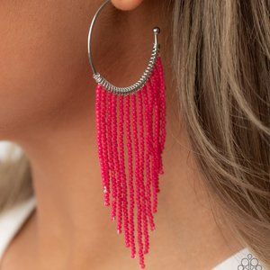 Silver Hoop Earrings with pink seed bead fringe